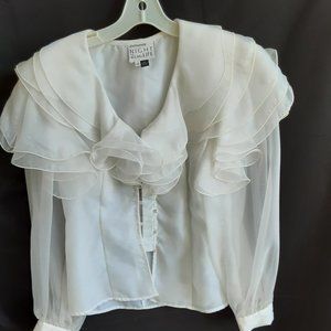 Fancy ruffled chiffon white blouse with pearl hook buttons - size 12
